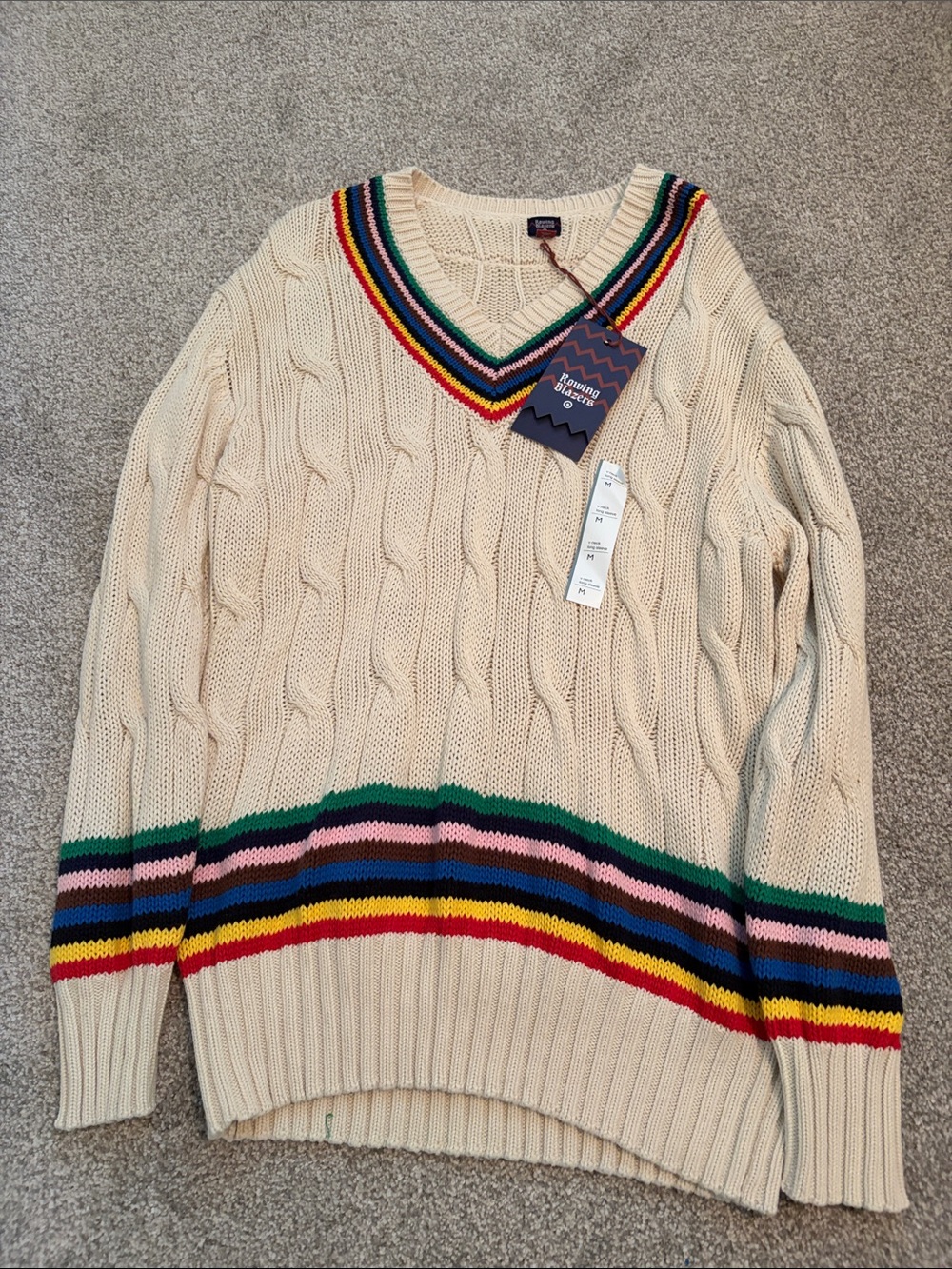 NWT Rowing Blazers x Target Mens Cream Cable Knit V-Neck Sweater